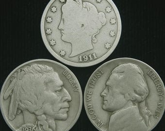 Old US Coin Set – Silver War Nickel, Buffalo Nickel, Liberty V Nickel – Vintage 3 Coin Estate Lot