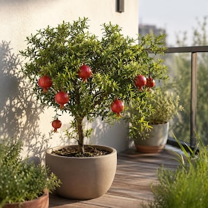 May include: A small pomegranate tree with vibrant green leaves and several round, deep red fruits hanging from its branches. The tree is planted in a smooth, light beige, rounded ceramic pot, showcasing a natural and organic aesthetic.