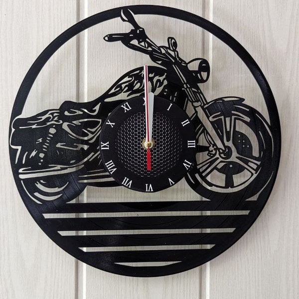 Cadeau de Noël pour papa ~ horloge disque vinyle moto, décoration moto, art mural Cafe Racer, cadeaux moto pour lui, cadeau garage homme des cavernes