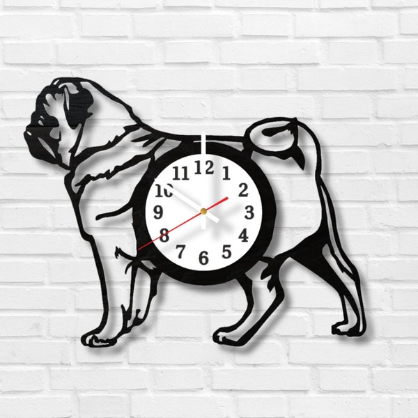 Best Birthday Gifts - Wooden Wall Clock, Pug Art, Dog Lover Gift, Housewarming Decor, Birthday Present for Her, New Home Decoration, Pugs