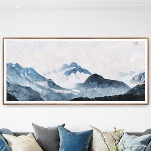 Panoramic Blue Ridge Mountains Valley Watercolor Art Print Misty Rolling Hills Watercolor Landscape Painting. Extra Large Panorama Print