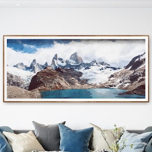 Panoramic Watercolor Blue Mountain Valley Art Print Misty Rolling Hills Landscape. Extra Large Panorama Print