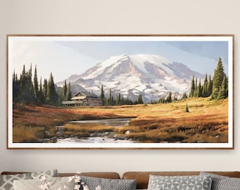 Mount Rainer National Park Poster, Extra Large Horizontal Wall Art, Watercolor Travel Print