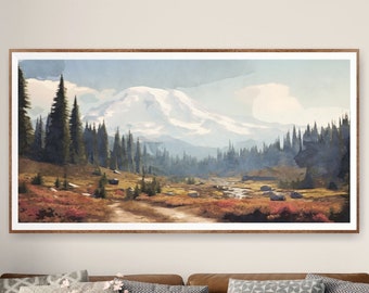 Mount Rainer National Park Poster, Extra Large Horizontal Wall Art, Watercolor Travel Print