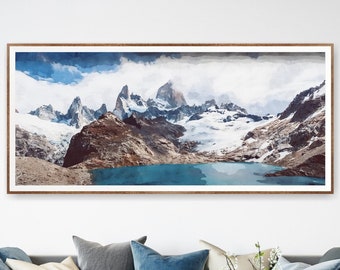 Panoramische kunstdruk bergvallei: mistig blauw landschap, boerderijdecor