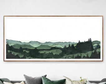 Impressão artística em aquarela panorâmica do vale da montanha: paisagem azul esverdeada