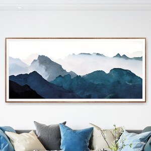 Blue Ridge Mountains Panoramic Watercolor – Large Wall Art Print or Canvas, Appalachian Landscape Decor, Horizontal Nature Poster