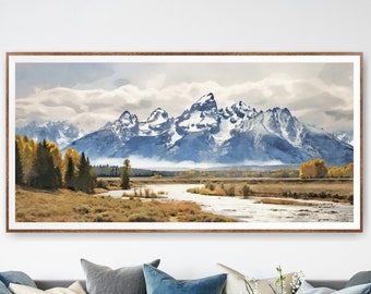 Grand Teton Mountains National Park Poster, Extra Large Horizontal Wall Art, Watercolor Travel Print