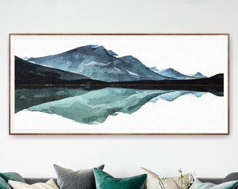 Aquarelkunstdruk panoramisch bergdal: blauwgroen landschap