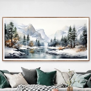 Impression d'affiche panoramique du parc national de Yosemite à l'aquarelle, art mural horizontal extra large