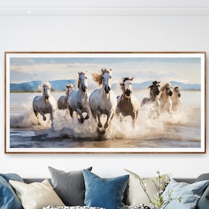 Horizontal Watercolor Horses Print, Farmhouse Decor, Extra Large Wall Art, Canvas Option Available