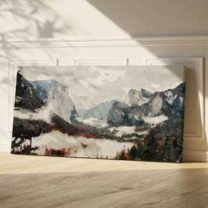 Yosemite National Park Aquarell Panorama - Landschafts-Kunstdruck oder Leinwand, rustikales Natur-Kunstwerk