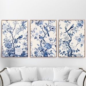 Antique Vintage Blue Chinoiserie Wall Art Prints, Set of 3 Botanical Posters or Canvases