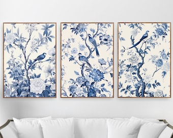 Antique Vintage Blue Chinoiserie Wall Art Prints, Set of 3 Botanical Posters or Canvases