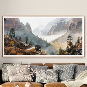 Watercolor Zion National Park Print: Panoramic Mountain Landscape