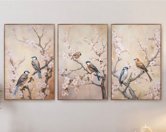 Chinoiserie Birds Art Prints, Floral Botanical Wall Decor Set of 3 Posters or Canvases