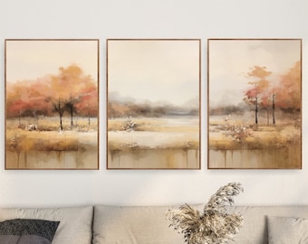 Può includere: Tre dipinti astratti di paesaggi in tonalità tenui di marrone, beige e bianco. I dipinti raffigurano alberi e un specchio d'acqua in uno stile stilizzato e impressionista.