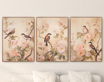 Floral Chinoiserie Birds Art Prints, Botanical Wall Decor Set of 3 Posters or Canvases