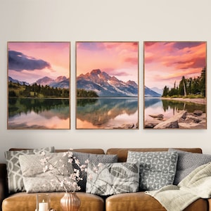 Grand Teton National Park Poster 3er Set extra große Aquarelldrucke, Berge, Leinwand Wandkunst Option verfügbar, rosa Wandkunst