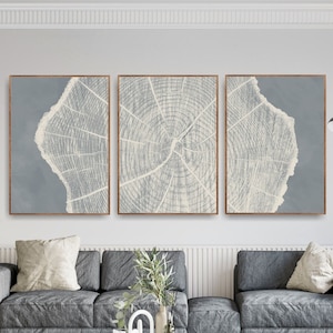 Large Tree Ring Print Lake House Wall Art, Woodblock Print Set of 3 Posters or Canvases