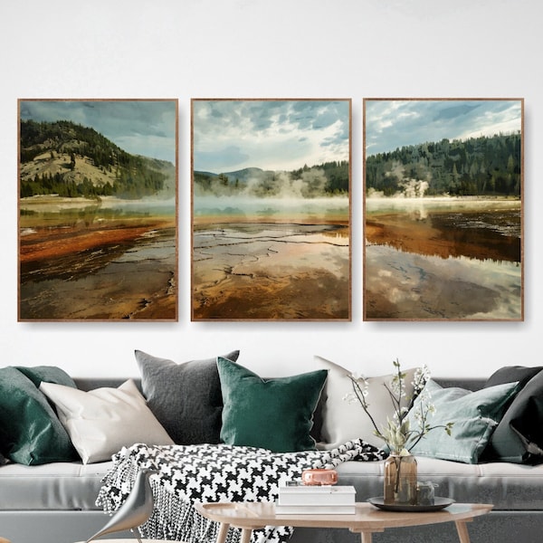 Yellowstone National Park Posters, Set of 3 Extra Large Watercolor Prints, Mountains, Canvas Wall Art