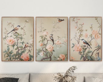 Chinoiserie Birds Prints, Floral Botanical Wall Art Set of 3 Posters or Canvases