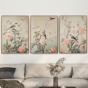 Chinoiserie Birds Prints, Floral Botanical Wall Art Set de 3 carteles o lienzos