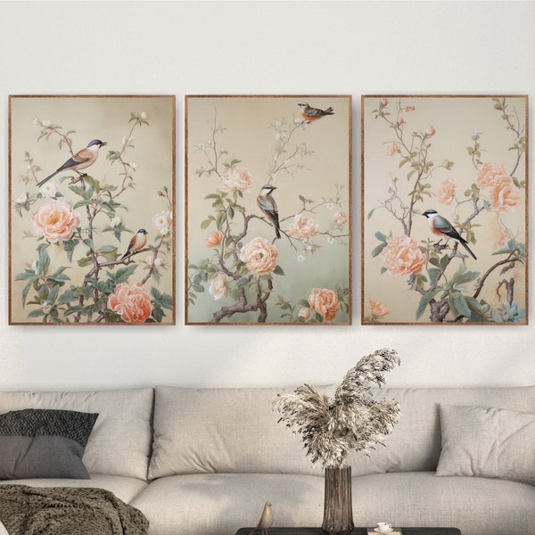 Chinoiserie Birds Prints, Floral Botanical Wall Art Set of 3 Posters or Canvases
