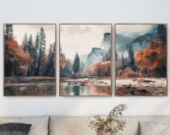 May include: Three framed landscape paintings with a watercolor style depicting a forest scene with trees, mountains, and a river. The paintings are hung on a white wall above a light beige couch.