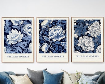 May include: Three framed prints of blue and white floral patterns with the text "William Morris" below each image.