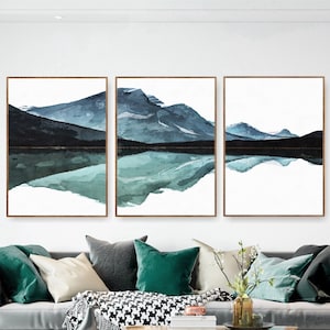 Mountains Prints Set of 3 Wall Art Watercolor Lake House Decor