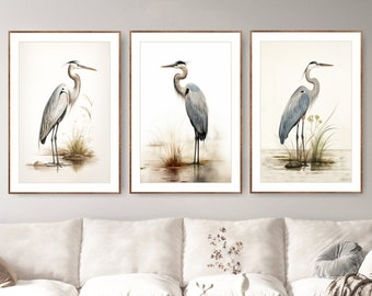 Great Blue Heron Print, Watercolor Painting, Minimalist Coastal Room Decor, Extra Large Bird Picture