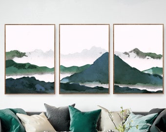 Set of 3 Watercolor Green Mountains Wall Art Prints