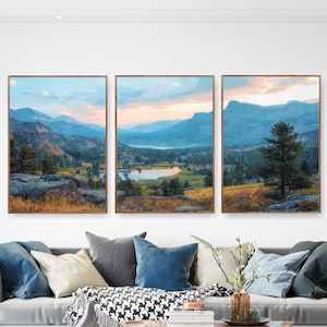 Rocky Mountain Nationalpark Poster 3er Set extra große Aquarelldrucke, Berge, Wandkunst auf Leinwand