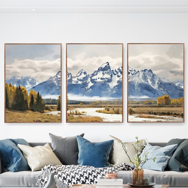 Grand Teton National Park Poster Set mit 3 extra großen Aquarelldrucken, Berge, Leinwand Wandkunst Option verfügbar