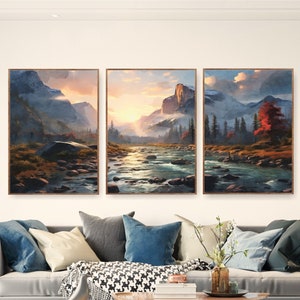 Yosemite National Park Posters Triptych Wall Art, Extra Large Watercolor Prints, Mountains, Canvas Wall Art