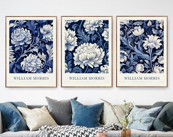 May include: Three framed prints of blue and white floral patterns with the text "William Morris" at the bottom of each print.