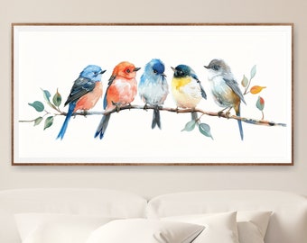 May include: A watercolor painting of five colorful birds perched on a branch. The birds are blue, red, yellow, and green. The painting is framed in a brown frame.