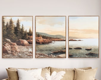 Acadia National Park Posters Set of 3 Extra Large Watercolor Prints, Mountains, Canvas Wall Art