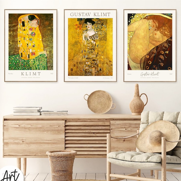 Gustav Klimt Print, Gallery Wall Art Set, Art Nouveau Print, Set of 3 Exhibition Posters