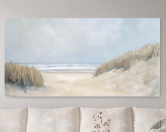 Pintura vintage de paisaje marino de playa: arte mural costero para sala de estar