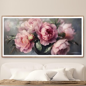Moody Pink Peonies Painting Print, Vintage Floral Print, Flower Art, Canvas Print, Large Wall Art Print