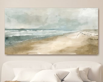 Impresión en lienzo de acuarela de playa: arte mural de paisaje marino costero