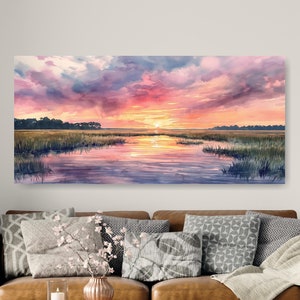 Pink Watercolor Marsh Sunset, Landscape Painting, Carolina Lowcountry, Farmhouse Decor
