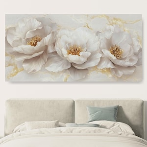 Large Floral Canvas Wall Art | Modern Neutral Bedroom Décor | Peony Blossom Painting