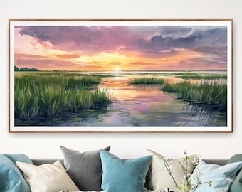 May include: A watercolour painting of a sunset over a marsh with green reeds and a reflection of the sky in the water.