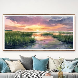Marsh Sunset, Watercolor Marsh Painting Print, Extra Large Canvas, Farmhouse Decor