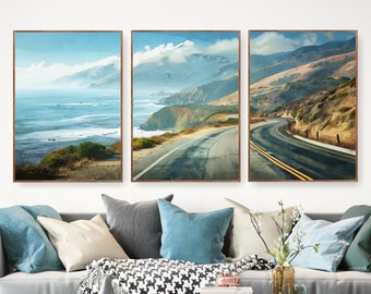 May include: Three framed landscape photographs of a winding coastal road with ocean views. The left photo shows a blue ocean with waves crashing on the shore. The middle photo shows a road with a mountain range in the background. The right photo shows a road with a mountain range in the background.