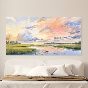 Pastel Marsh Sunset Landscape Painting, Carolina Lowcountry Coastal Watercolor Wall Art Print, Pink Beach House