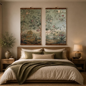 Set of 2 Chinoiserie Wall Art Tapestry, Old Money Decor, Vintage Botanical Garden Print, Grandmillennial Oriental Art